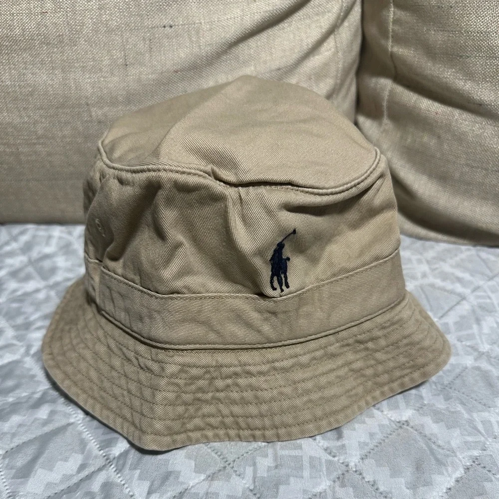 Ralph Lauren Khaki Bucket Hat with Navy Polo Logo